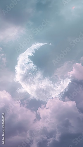 Ethereal cloud formation shaped like a glowing crescent moon, nestled amongst soft pastel purple and blue twilight clouds, evoking a magical dreamscape