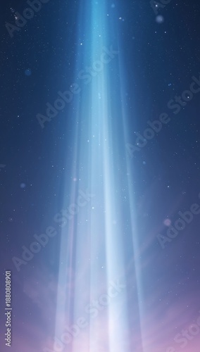 A celestial beam of ethereal light ascends from below, illuminating the dark sky filled with tiny specks of cosmic dust, creating a magical and awe-inspiring atmosphere