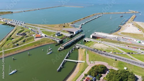 multiple lifting bridges a7 motorway facilitate transit lorentzsluizen complex infrastructure serves gap between wadden sea ijsselmeer afsluitdijk netherlands kornwerderzand north holland 