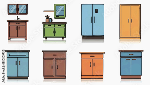 Collection of kitchen cabinets and storage units in various styles and colors, modern and traditional designs for home organization