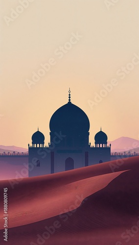 Silhouette of a beautiful mosque illuminated by the warm hues of a desert sunset, with rolling sand dunes in the foreground