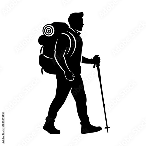 Man Hiking with Backpack and Trekking Pole.