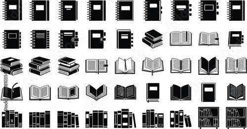 Set of black book icons, open notebook symbols, library study silhouettes, education reading signs, vector literature stack for school design