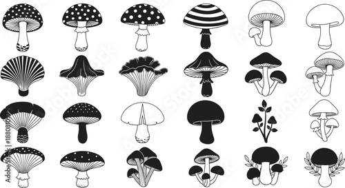 Set of mushroom icons, black and white fungi illustrations, forest toadstool symbols, vector nature graphic elements, vintage edible plant silhouette