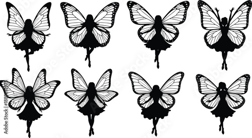 Set of fairy silhouettes, black butterfly wing angels, magical flying fantasy girls, vector pixie icons for dream garden decoration design