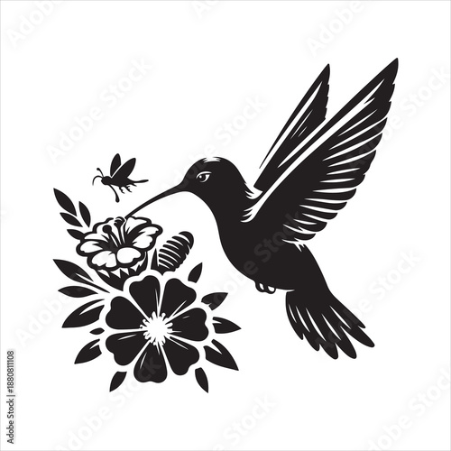 EPS vector illustration of a hummingbird and flowers silhouette vector. Hummingbird Bird and Flower Black and White Illustration