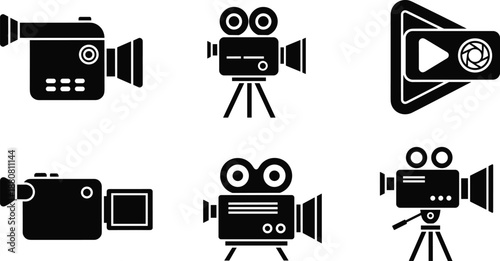 Video camera icon set, cinema production equipment symbols, movie filming silhouettes, digital camcorder and vintage projector vector collection.
