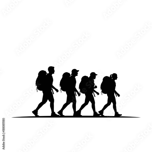 Silhouettes of Hikers Walking in Line.