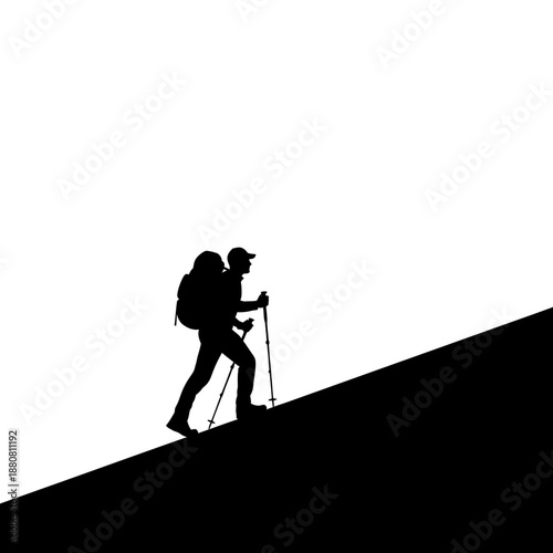 Man Hiking Uphill with Backpack and Trekking Poles.