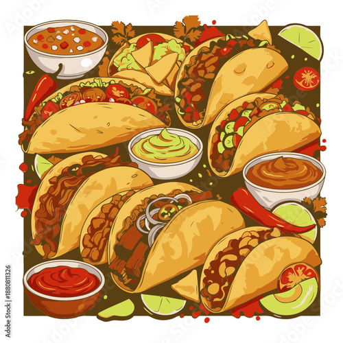 Taco variety assortment with diverse fillings in a graphic illustration. Colorful, hand-drawn display of different types of tacos with various toppings and condiments.