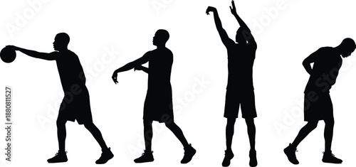 Basketball player silhouette collection, male athlete shooting dribbling throwing ball poses, sports action training competition illustration vector