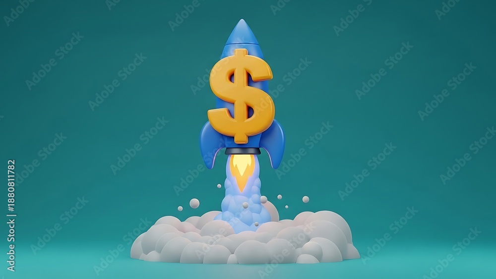 © Nur Aksanul - Stunning 3D illustration of a dollar symbol rocket taking off, embodying explosive financial growth, startup success, rapid investment returns, and economic prosperity