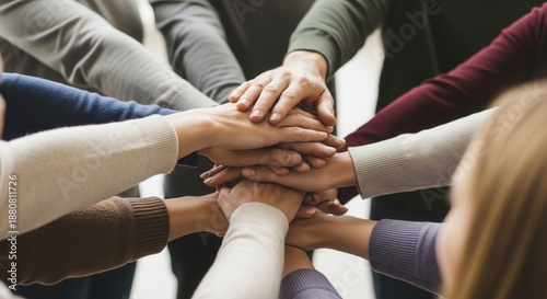 Teamwork's Touch: a visual symphony of unity and support, a collective of hands joined in a powerful symbol of collaboration, trust, and shared purpose.
