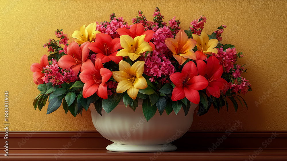 custom made wallpaper toronto digitalVibrant centerpiece arrangement of red, yellow, and orange lilies mixed with small pink flowers in classical white urn against textured golden wall and dark wood base