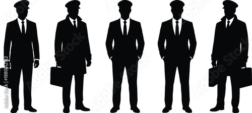 Businessmen silhouettes wearing suits and caps, professional leadership, corporate management, security, formal jobs, authority roles, and executive lifestyle concept illustration