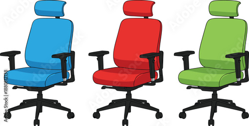 Colorful Office Chair Set with Adjustable Armrests and Wheels Vector Illustration Isolated on White Background for Workspace Design