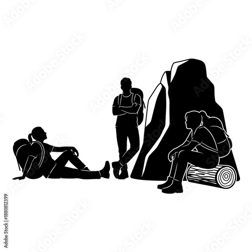 Silhouetted Hikers Resting Near Mountain Peak.