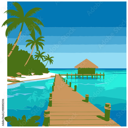 Tropical island pier scene with thatched hut/resort. Peaceful walkway extends to a waterside hut on a beautiful beach, showcasing lush vegetation and calm turquoise waters.