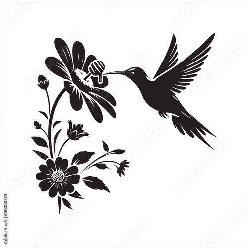 EPS vector illustration of a hummingbird and flowers silhouette vector. Hummingbird Bird and Flower Black and White Illustration