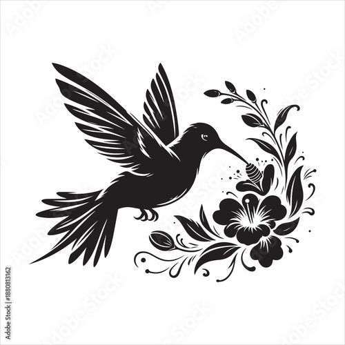 EPS vector illustration of a hummingbird and flowers silhouette vector. Hummingbird Bird and Flower Black and White Illustration