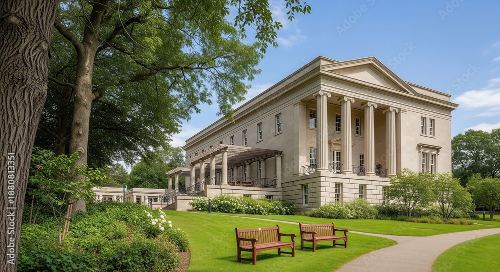 Obraz premium Historic Building Elegance: Capturing the grandeur of a classical building with imposing columns, a manicured garden, and a sense of timelessness. Embrace the beauty of architectural mastery.