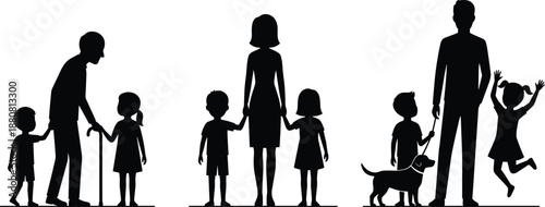 Family silhouettes showing parents, children, and pet dog, generations together, love, care, childhood, and happy family lifestyle concept illustration