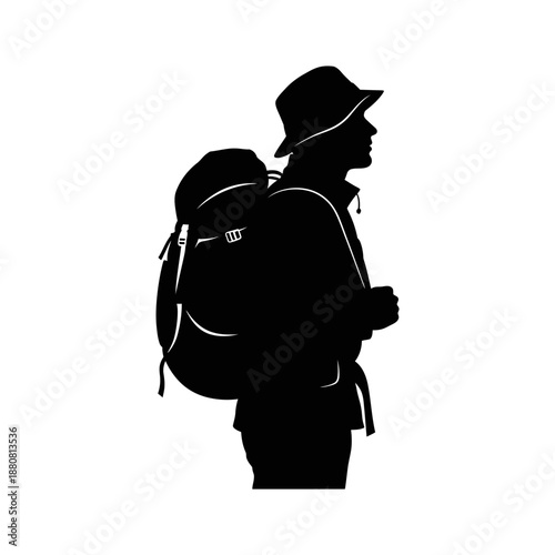 Silhouette of Hiker with Backpack and Hat.