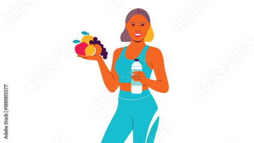 Flat vector illustration of a smiling fitness trainer leading a high-energy online workout class