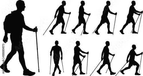 Hiking man silhouette collection, backpack traveler walking with trekking poles, outdoor adventure trail activities, mountain hiking lifestyle illustration vector