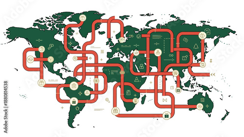global supply chain connection diagram illustrating worldwide logistics and international distribution routes across the world map for business.