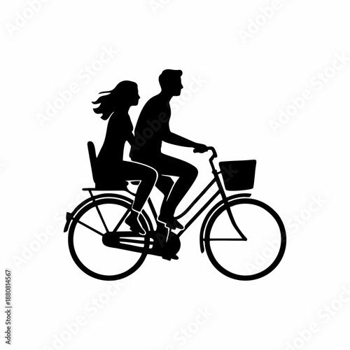 A couple riding a bicycle with a basket together, black and white silhouette vector illustration