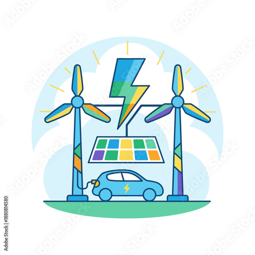 renewable energy concept powering electric vehicles through wind turbines and solar panels representing sustainable green technology.