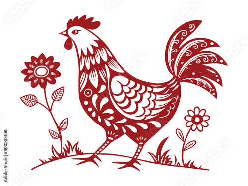 Chinese Zodiac Rooster Red Paper Cut Art Vector Illustration