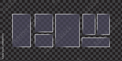 Modern Liquid glass morphism UI element set with frosted glass effect on dark grid. Transparent vector buttons, cards and panels for futuristic mobile app or web interface. glass banner, glass button.