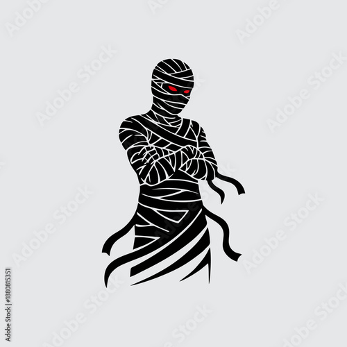 Silhouette of a mummy with red eyes on a gray background, for a halloween concept design