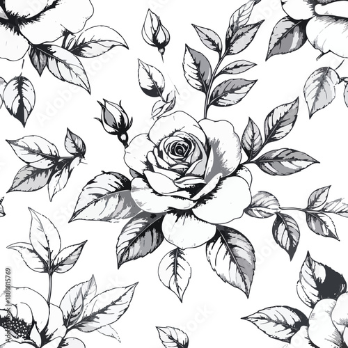 Seamless Floral Line Art Pattern with Hand Drawn Botanical Flowers
