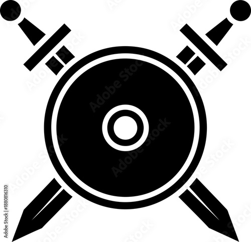 Crossed sword and shield silhouette. Ancient warrior weapon sign or battle war icon. Vector graphic element for medieval and fantasy design