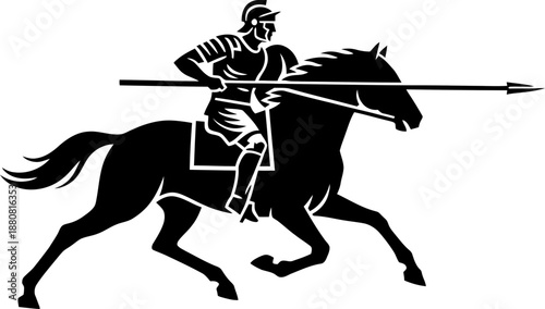 Ancient Roman or Greek warrior man riding horse with spear. Retro style icon for vintage logo, badge, emblem, sticker