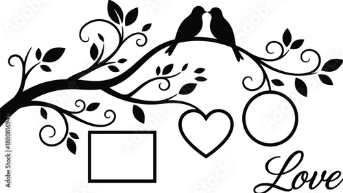 Love birds silhouette on tree branch, romantic floral illustration with hearts, frames and calligraphy, elegant valentine design elements
