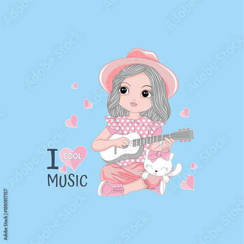 Cool music, A little girl creat music with a gitter, Girl and cat - Girl t-shirt vector illustration design
