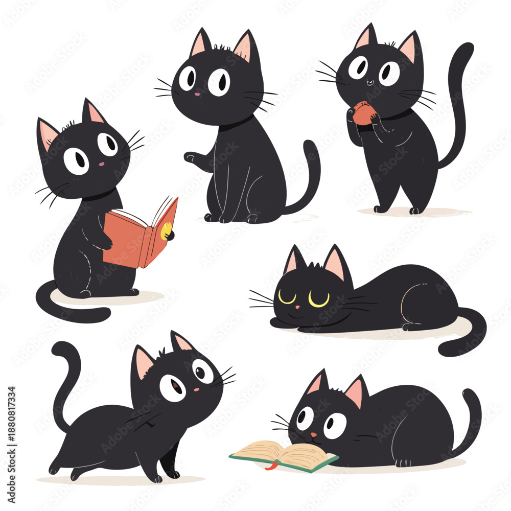 Obraz premium Funny cute black cat cartoon set vector illustration
