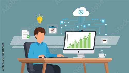 Man working on computer with financial growth chart and cloud technology, business analytics concept