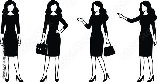 Business woman silhouette collection, professional female office poses with handbag, corporate fashion lifestyle gestures, elegant working woman illustration vector