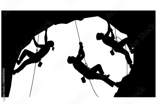 Rock climber silhouette on overhanging wall. Bouldering and extreme sport adventure action for climbing gym branding vector.