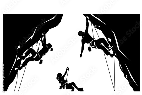 Rock climber silhouette on overhanging wall. Bouldering and extreme sport adventure action for climbing gym branding vector.