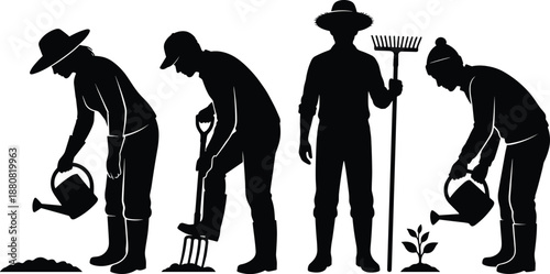 Farmers silhouettes working in agriculture, watering plants, digging soil, harvesting tools, rural farming lifestyle, eco cultivation, and sustainable work concept