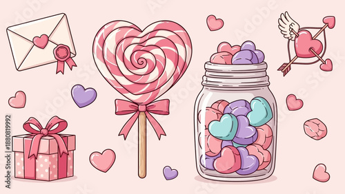 Valentine's Day Sweets and Gifts: Heart Lollipop, Candy Jar, Gift Box, Envelope, Cupid