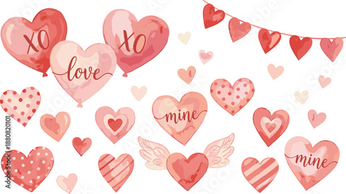 Cute watercolor heart elements collection illustration, romantic love symbols, valentine decorations set, soft pastel hearts, hand painted style, isolated design