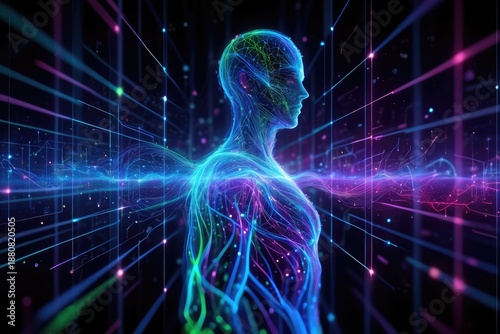 A human figure outlined in neon lines reaches forward in a dynamic energetic tech inspired abstract scene. Generative AI.