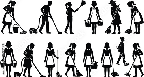 Housekeeping worker silhouette collection, men and women cleaning sweeping mopping vacuuming tasks, domestic service lifestyle activities illustration vector